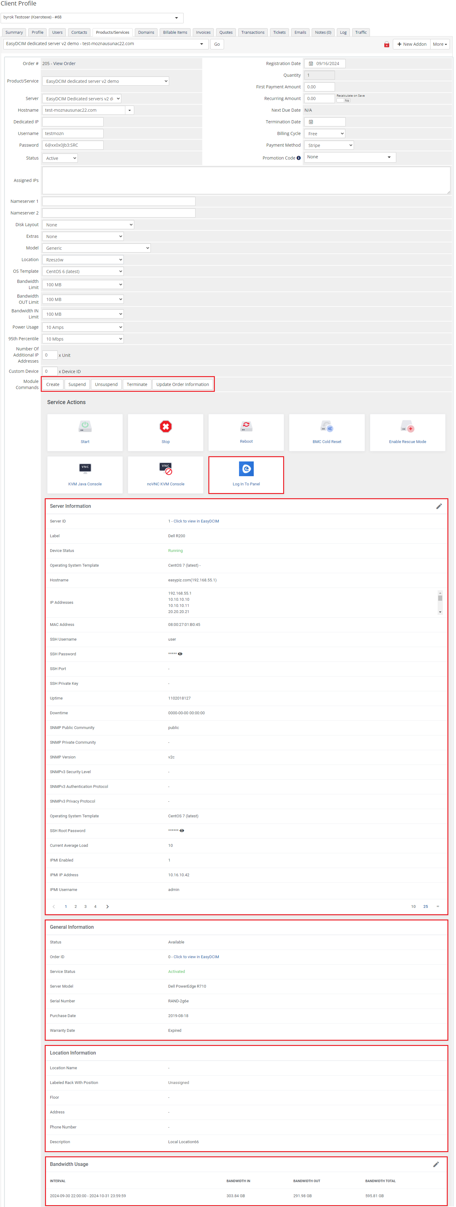 EasyDCIM Dedicated Servers For WHMCS: admin order page with module commands, service actions and server information