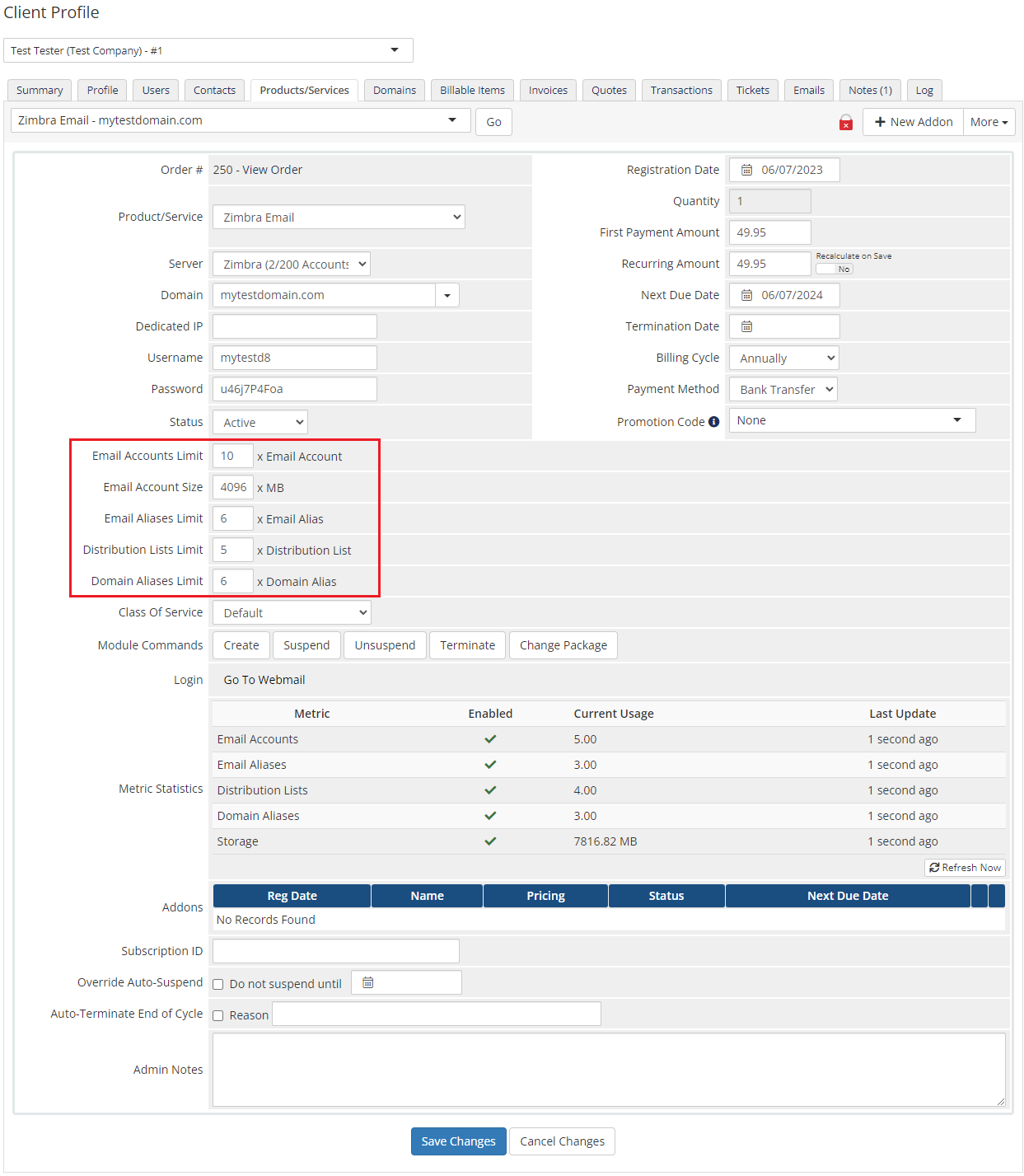Zimbra Email For WHMCS: WHMCS admin client product page with module limits, commands and webmail login