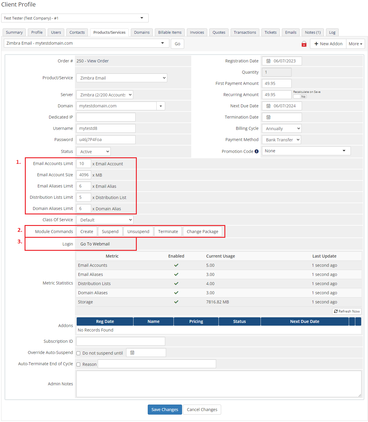 Zimbra Email For WHMCS: WHMCS admin client product page with numbered limits, module commands and webmail login