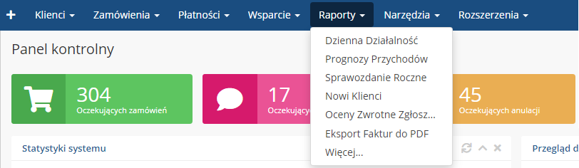 Polska Wersja Jezykowa WHMCS: WHMCS admin Reports menu with Polish report names in the dropdown