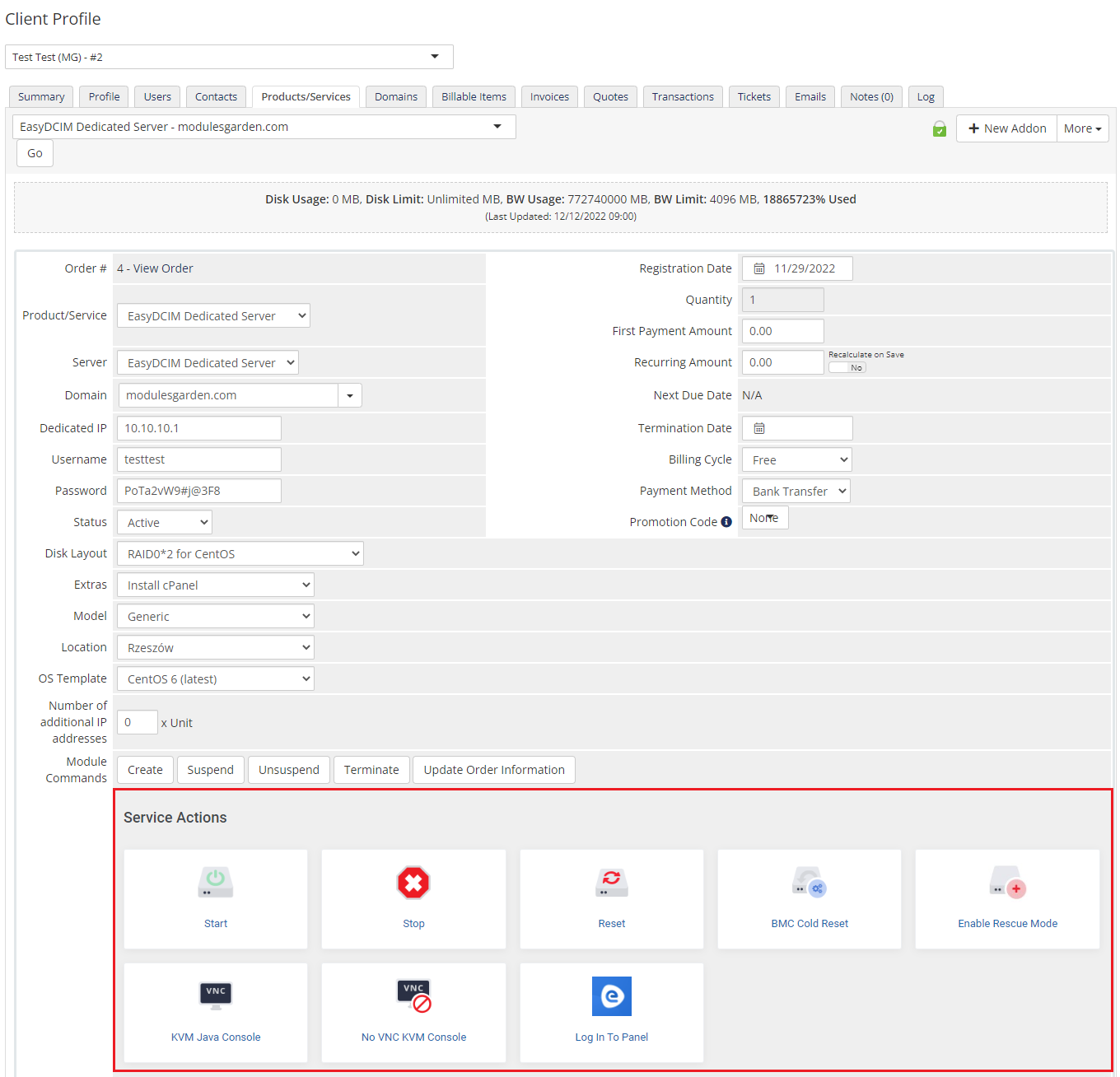 EasyDCIM Dedicated Servers For WHMCS: admin order page with Service Actions buttons Start, Stop, Reset and KVM