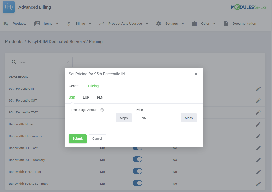 EasyDCIM Dedicated Servers For WHMCS: Advanced Billing dialog setting the 95th Percentile IN price per Mbps