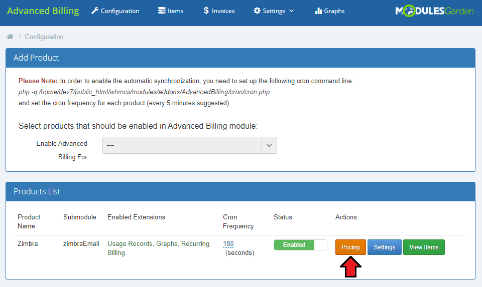 Zimbra Email For WHMCS: Advanced Billing configuration page with the Pricing button for the Zimbra product