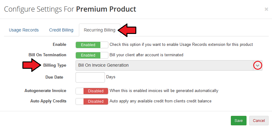 Recurring Contract Billing 1.5.X For WHMCS: product settings on the Recurring Billing tab with Bill On Invoice
