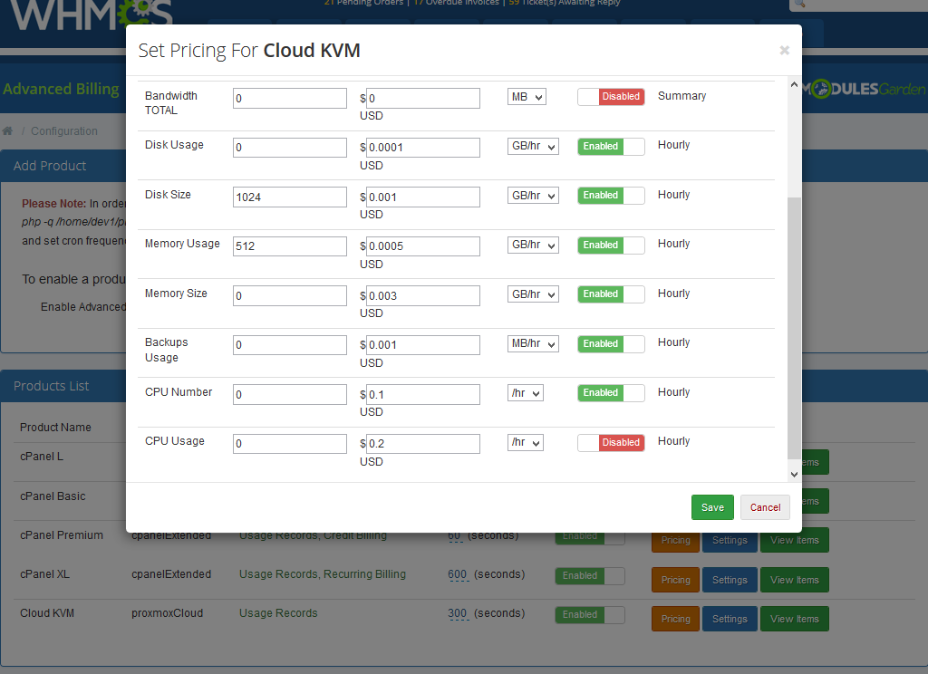 Proxmox VE Cloud VPS For WHMCS: Advanced Billing Set Pricing For Cloud KVM dialog with resource prices per hour