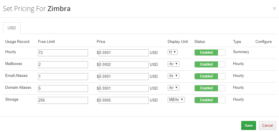 Zimbra Email For WHMCS: Advanced Billing Set Pricing window for Zimbra with free limits and prices