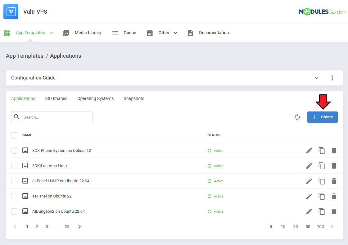 Vultr VPS For WHMCS: Applications list with the Create button highlighted for adding an application manually
