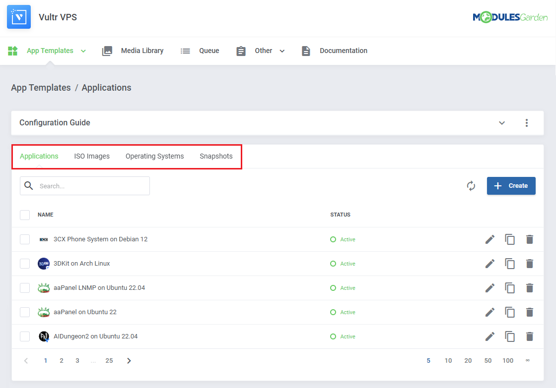 Vultr VPS For WHMCS: Vultr VPS Applications page with the Applications, ISO Images, Operating Systems and Snapshots tabs