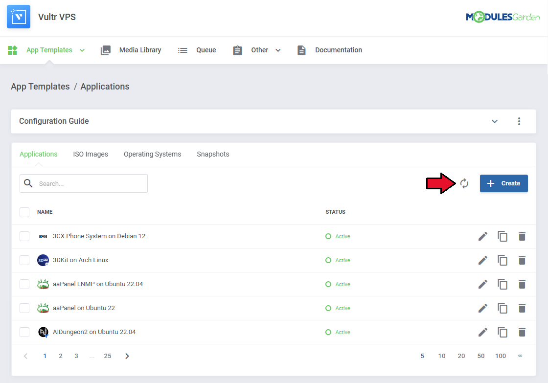 Vultr VPS For WHMCS: Applications list with the refresh button that loads templates from the connected platform