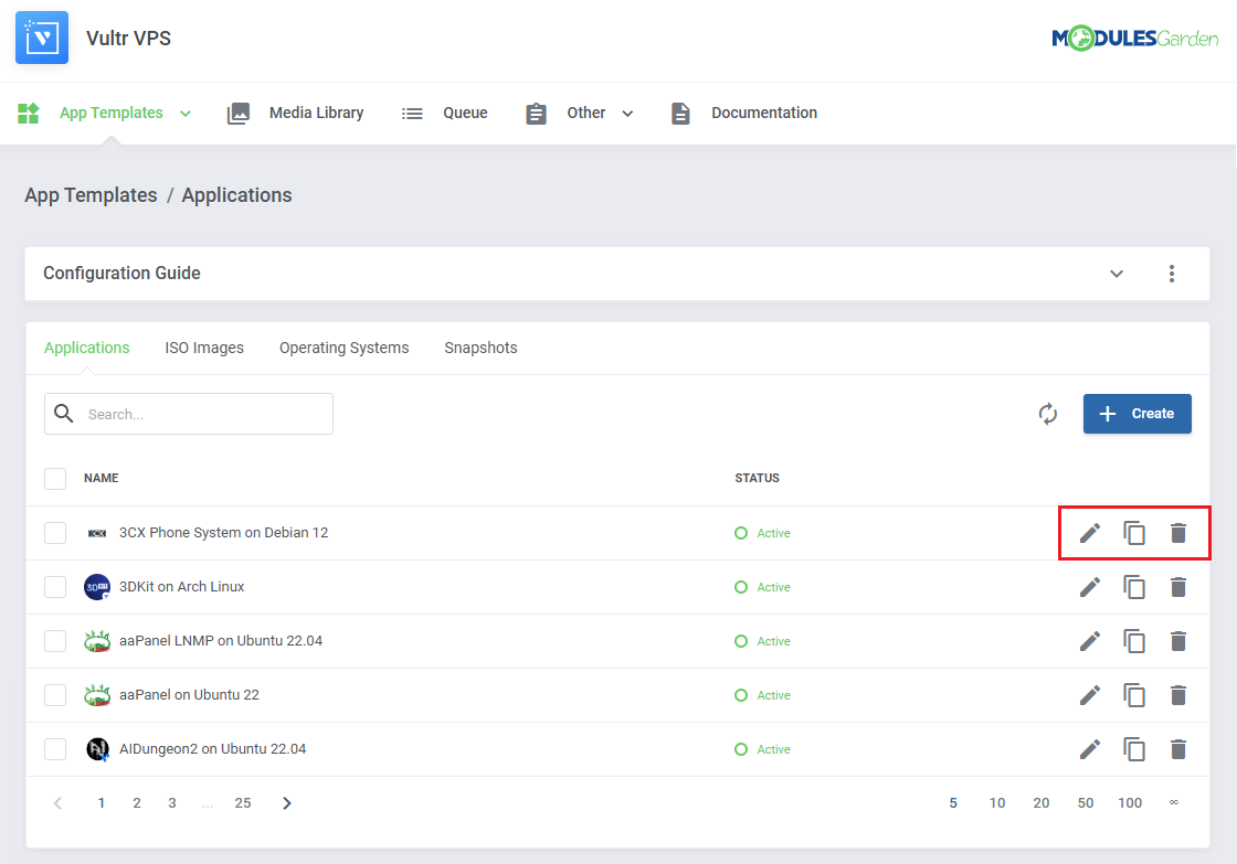 Vultr VPS For WHMCS: Applications list with the edit, duplicate and delete action buttons highlighted in a row