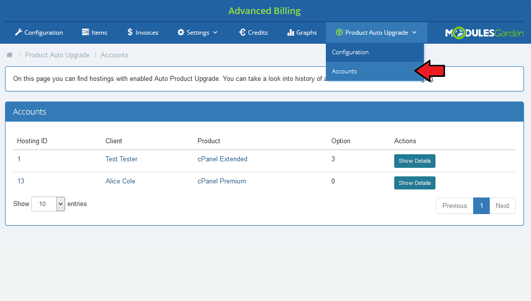 Advanced Billing 3.X For WHMCS: Product Auto Upgrade Accounts page with the hosting list and Show Details buttons