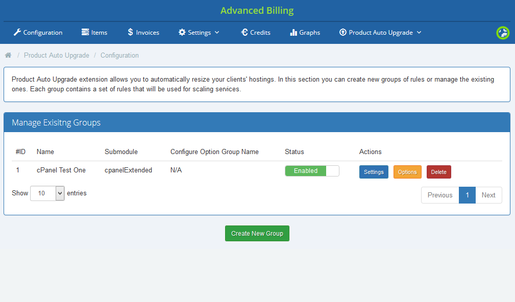 Advanced Billing 3.X For WHMCS: Product Auto Upgrade Configuration page with the Manage Existing Groups table
