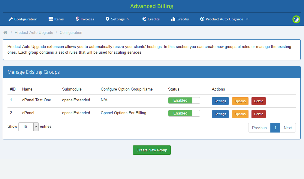 Advanced Billing 3.X For WHMCS: Manage Existing Groups table showing the newly created cPanel group in the list