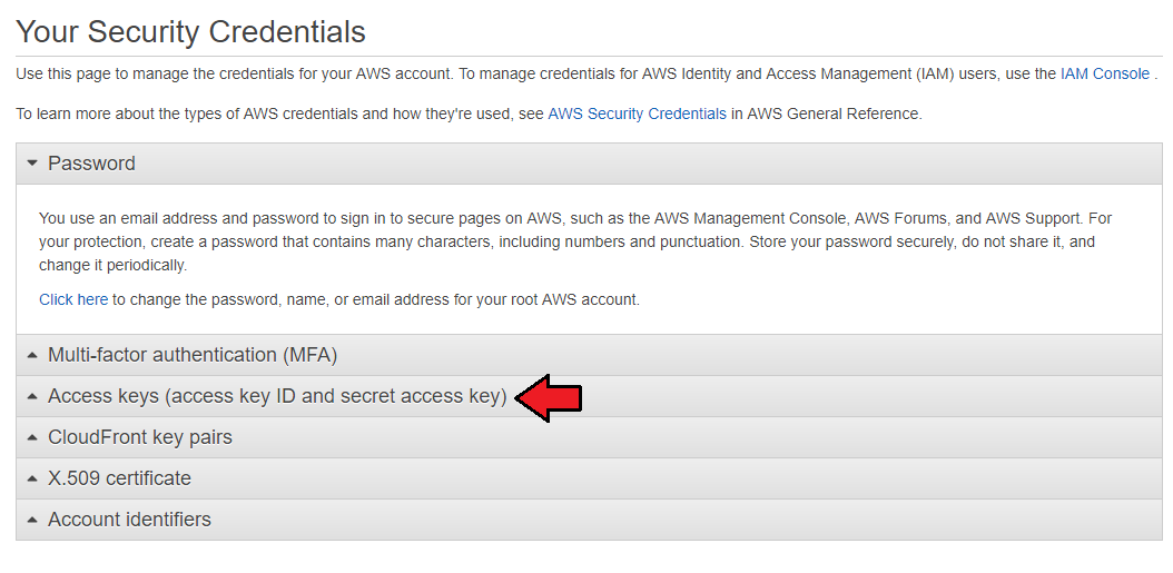 Cloud Billing For WHMCS: AWS Your Security Credentials page with the Access keys section highlighted