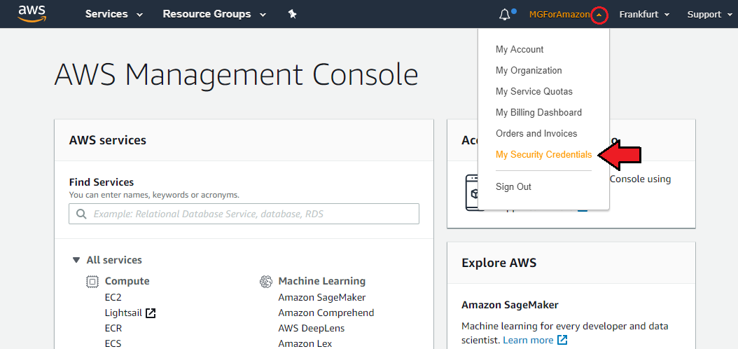 Cloud Billing For WHMCS: AWS Management Console account menu with the My Security Credentials option highlighted
