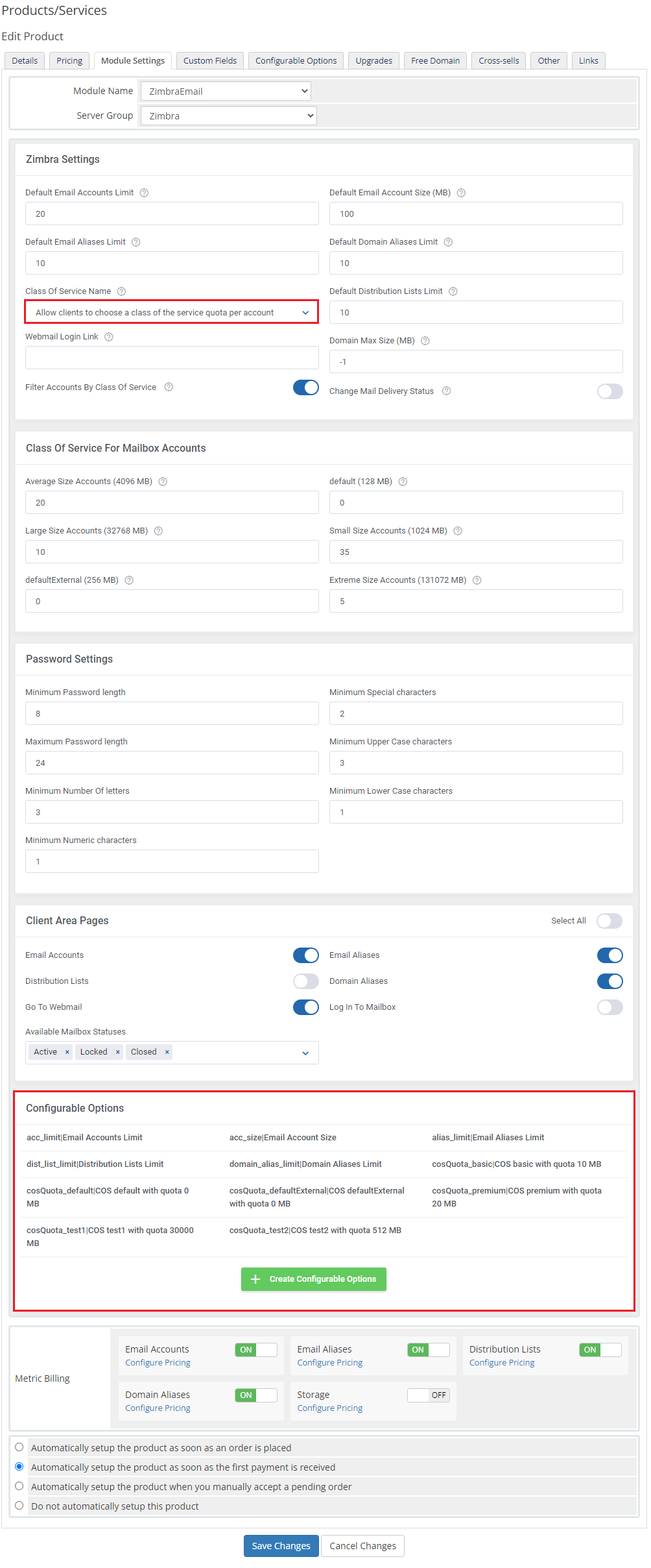 Zimbra Email For WHMCS: Module Settings with quota per account class of service and configurable options