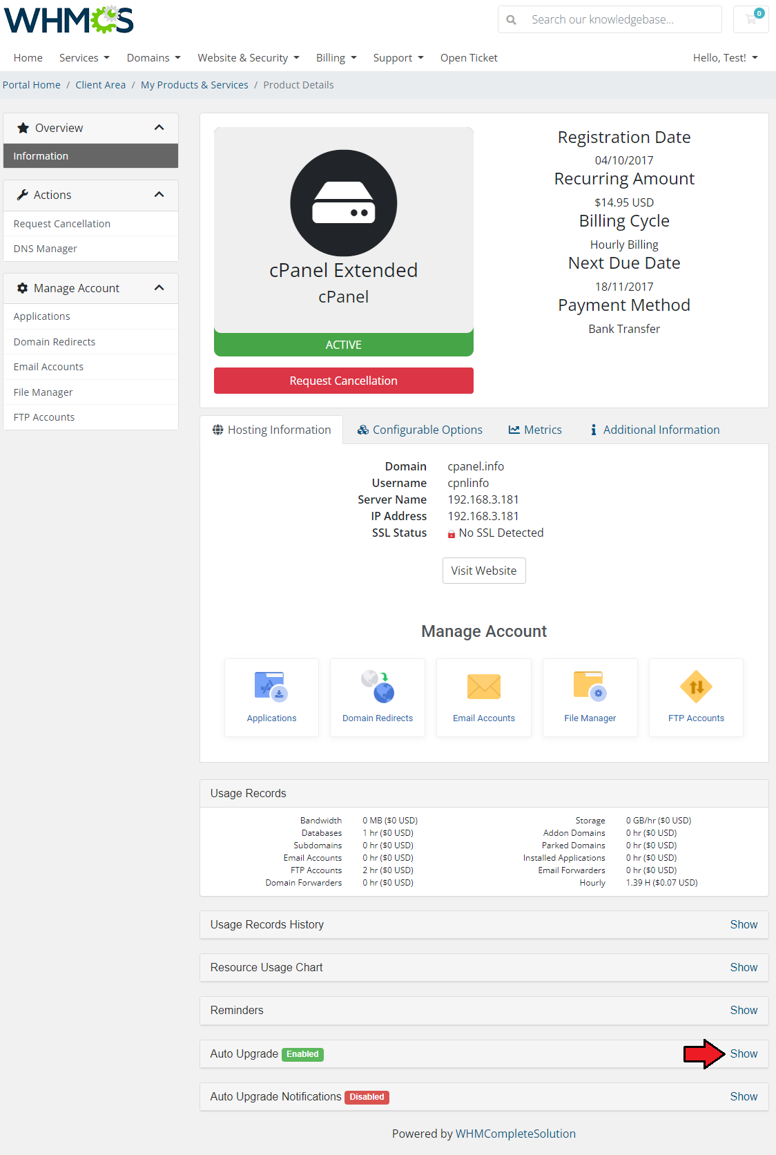 Advanced Billing 3.X For WHMCS: WHMCS client area product details with the Auto Upgrade section and Show link