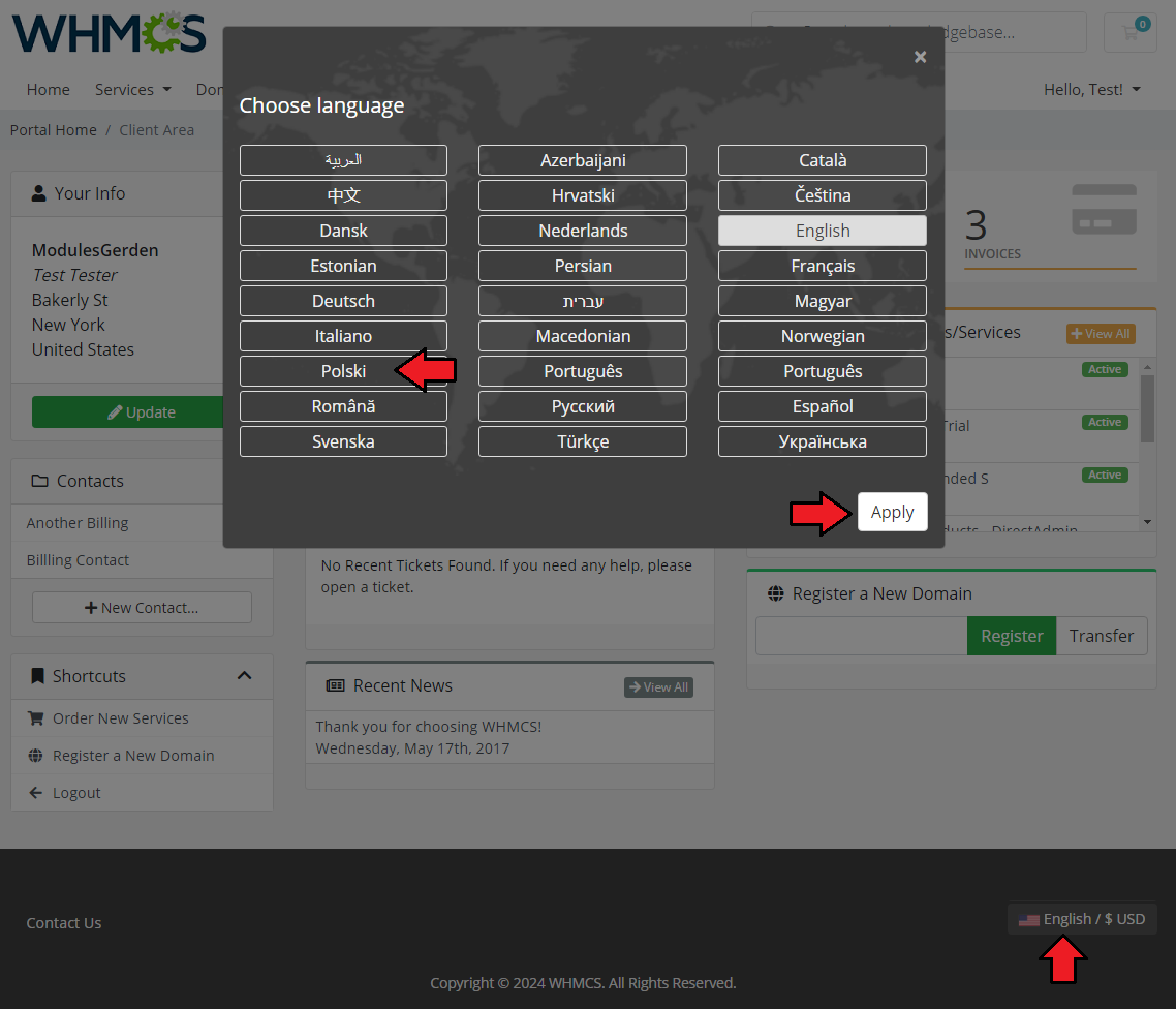 Polska Wersja Jezykowa WHMCS: WHMCS client area Choose language dialog with Polski selected and the Apply button