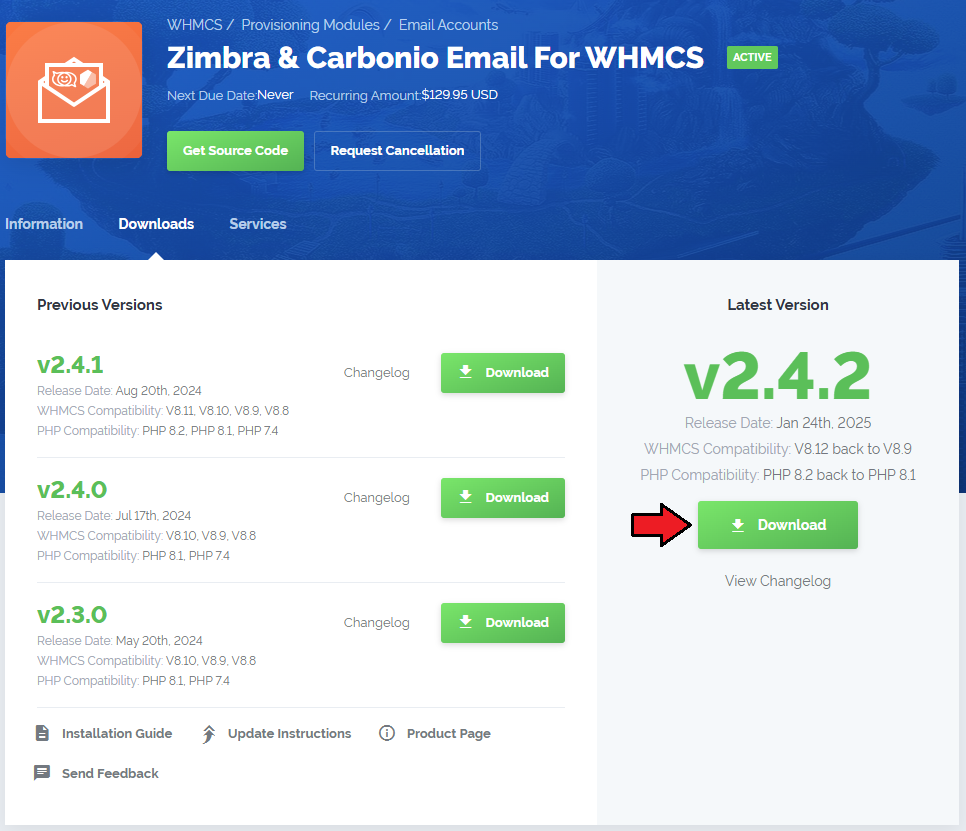 Zimbra Email For WHMCS: client area product page with the Download button for the latest module version