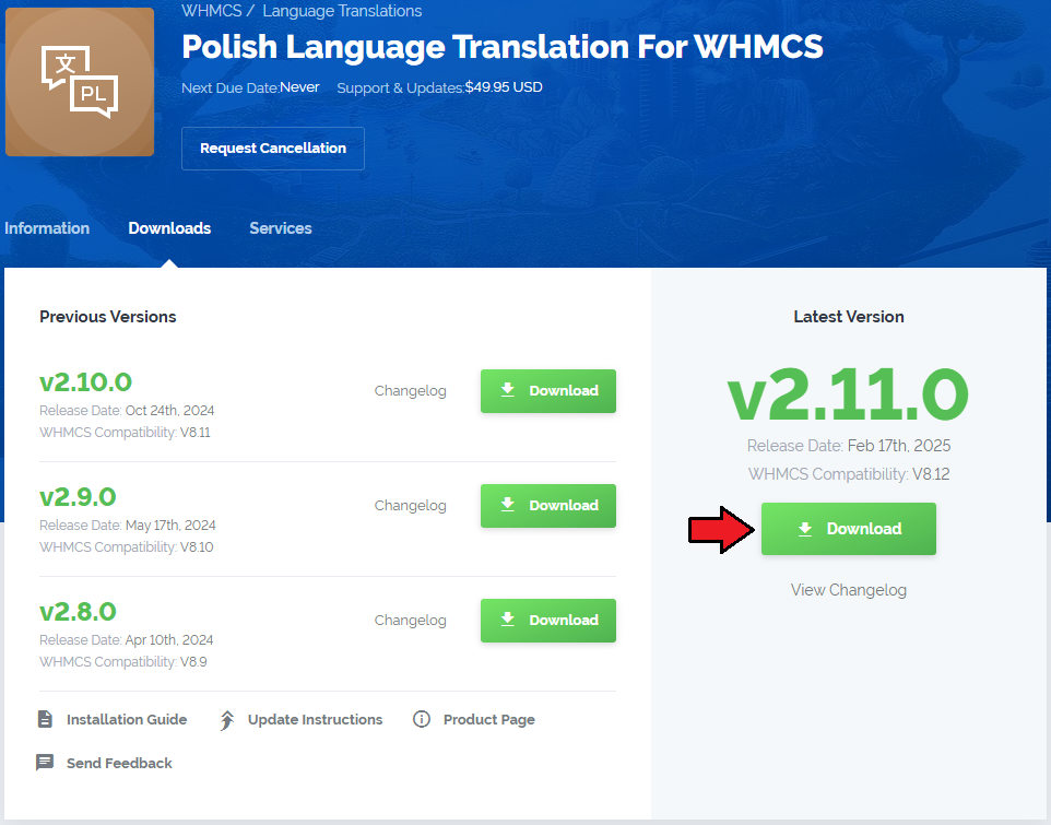Polska Wersja Jezykowa WHMCS: client area product page with the Download button for the latest version