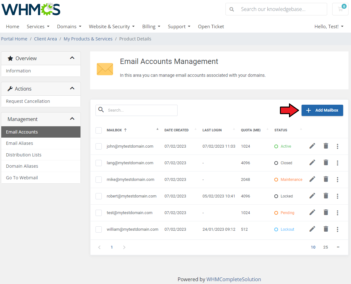 Zimbra Email For WHMCS: client area Email Accounts Management table with the Add Mailbox button