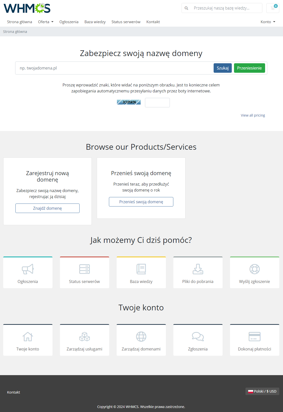 Polska Wersja Jezykowa WHMCS: WHMCS client area home page displayed in Polish after changing the language
