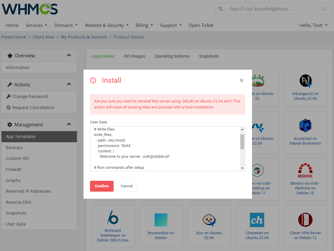 Vultr VPS For WHMCS: WHMCS client area Install dialog with an editable User Data script field and the Confirm button
