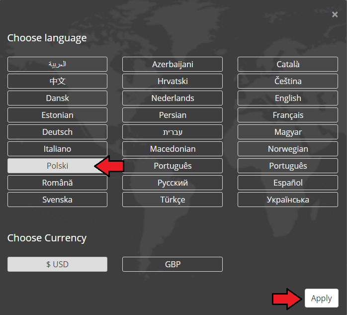 Polska Wersja Jezykowa WHMCS: WHMCS client area language and currency dialog with Polski and Apply highlighted