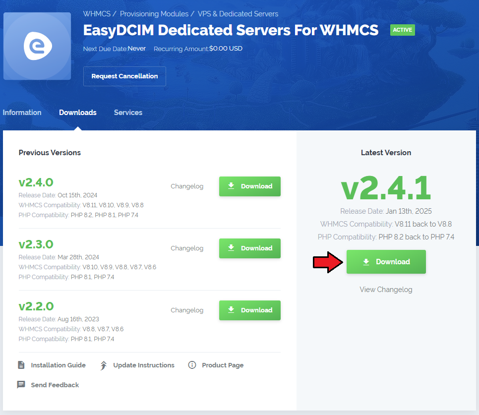 EasyDCIM Dedicated Servers For WHMCS: client area Downloads tab with the Download button for the latest module version