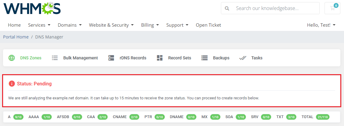 DNS Manager For WHMCS: client area DNS Zones page showing a Pending status message with the example.net domain