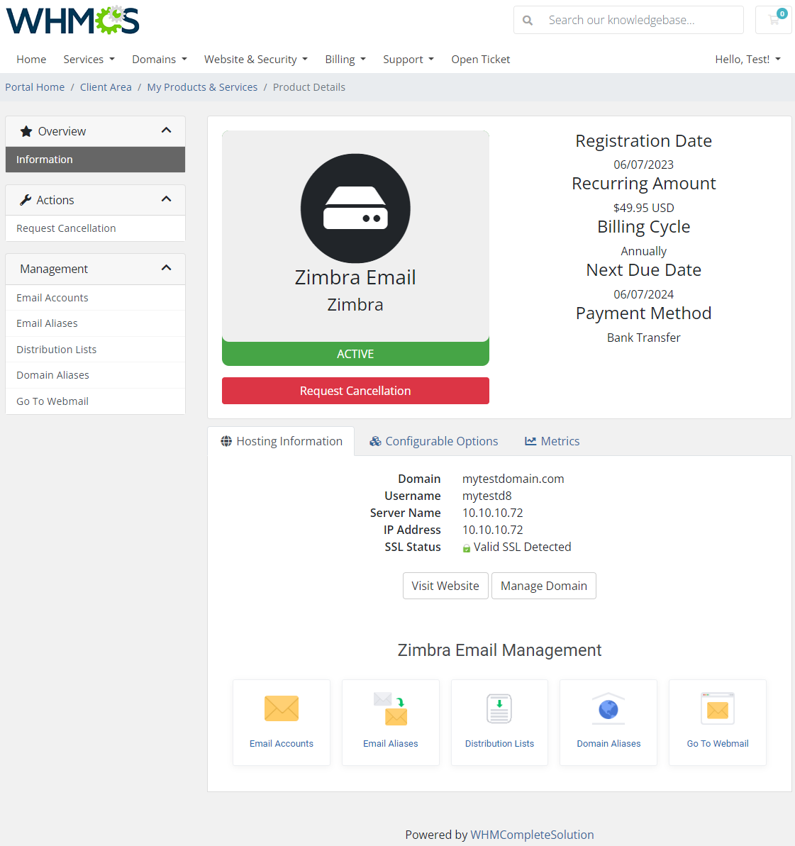 Zimbra Email For WHMCS: WHMCS order page with account quota sliders per class of service and summary