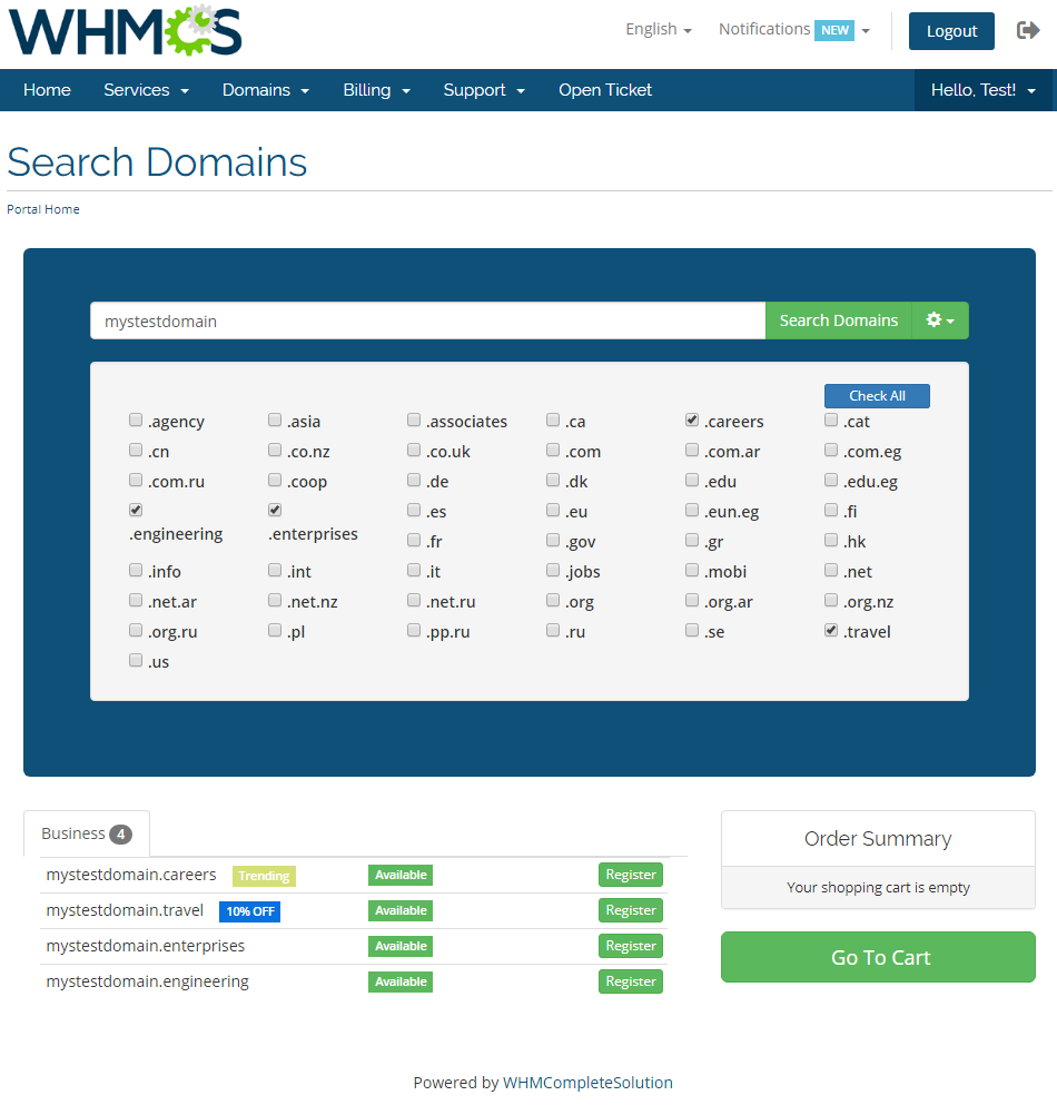 Domains Reseller 1 X For WHMCS: WHMCS client area Search Domains page with Business TLDs and their labels in results
