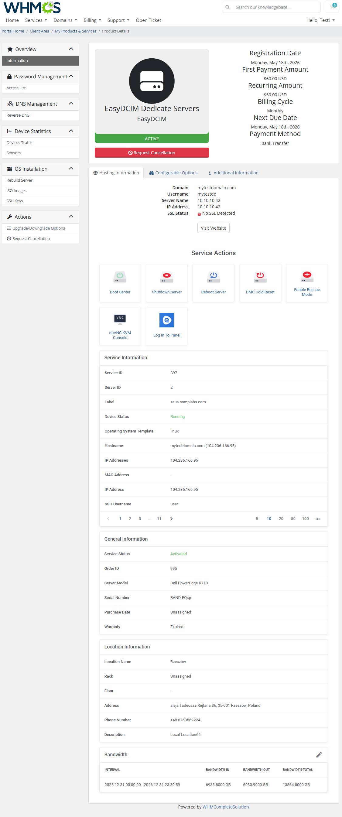 EasyDCIM Dedicated Servers For WHMCS: client area product page with service actions, server details and bandwidth