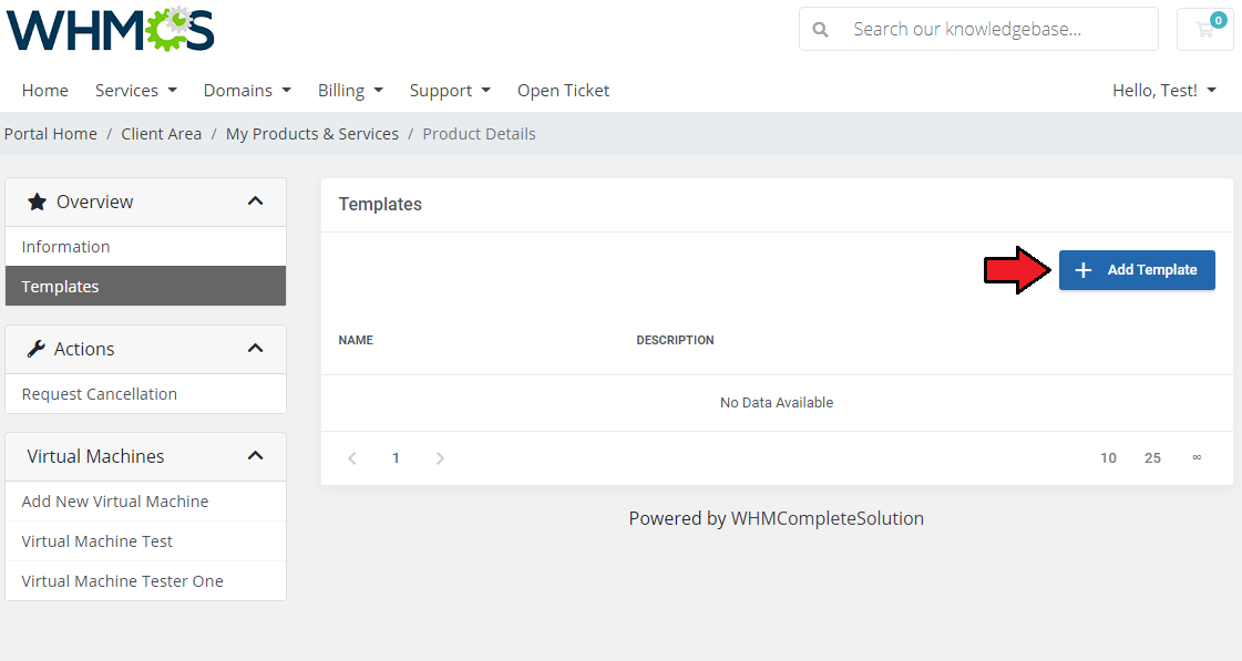 Proxmox VE Cloud VPS For WHMCS: client area Templates page with an empty list and the Add Template button