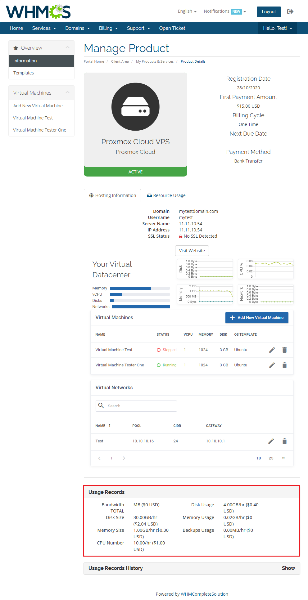 Proxmox VE Cloud VPS For WHMCS: client area product page with the Usage Records section listing resource usage and costs
