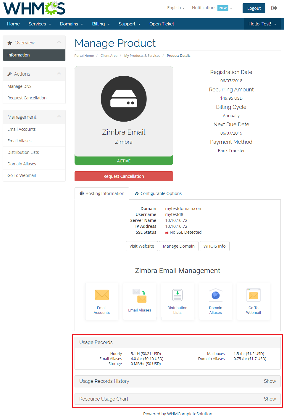 Zimbra Email For WHMCS: client area product page with the Usage Records section showing resource usage and costs