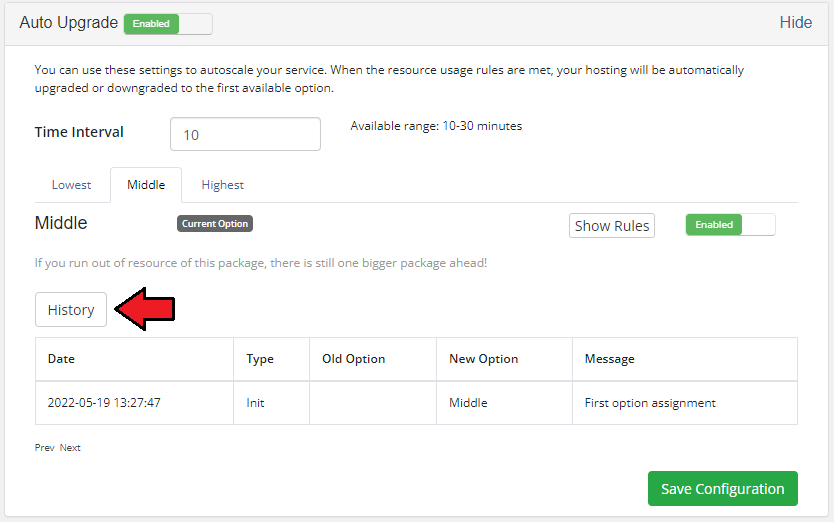 Advanced Billing 3.X For WHMCS: Client area Auto Upgrade panel with the History button and the switch history table