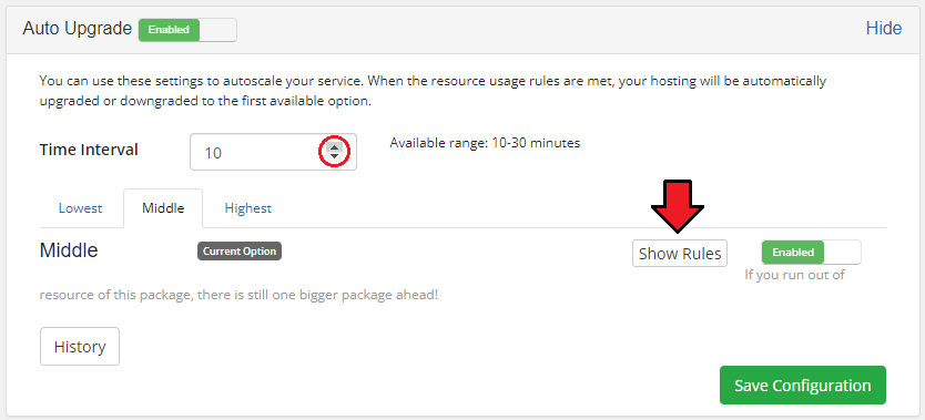 Advanced Billing 3.X For WHMCS: Client area Auto Upgrade panel with the time interval field and Show Rules button