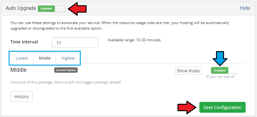 Advanced Billing 3.X For WHMCS: Client area Auto Upgrade panel with option tabs, enable switch and Save Configuration
