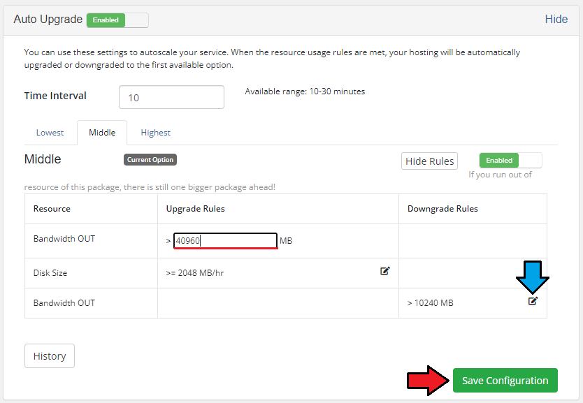 Advanced Billing 3.X For WHMCS: Client area Auto Upgrade rules table with an upgrade threshold being edited