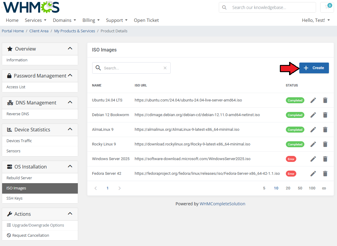 EasyDCIM Dedicated Servers For WHMCS: WHMCS client area ISO Images list with statuses and the Create button highlighted