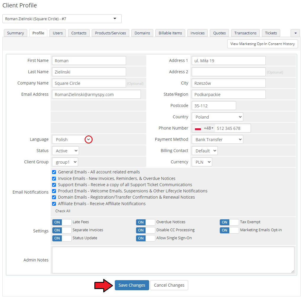 Polska Wersja Jezykowa WHMCS: WHMCS admin Client Profile tab with the Language field set to Polish and Save Changes