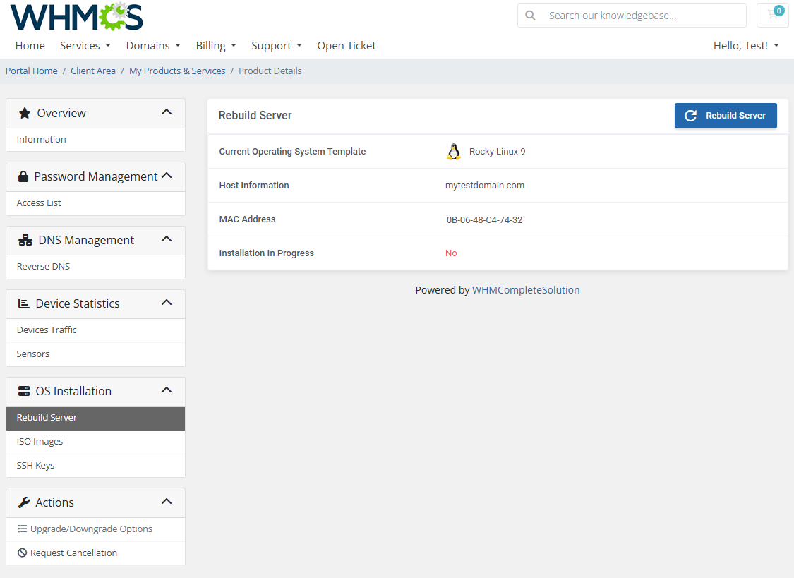 EasyDCIM Dedicated Servers For WHMCS: client area Rebuild Server page with current OS template and Rebuild button