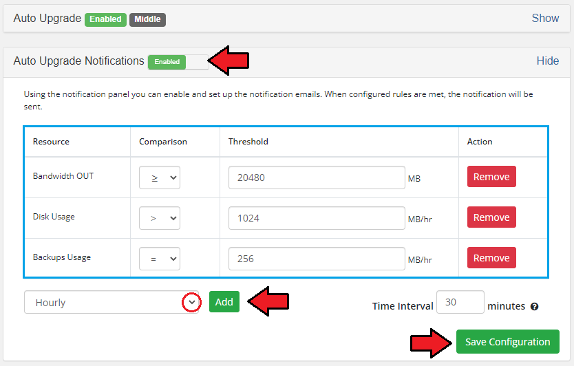 Advanced Billing 3.X For WHMCS: Client area Auto Upgrade Notifications panel with rules table, Add button and Save