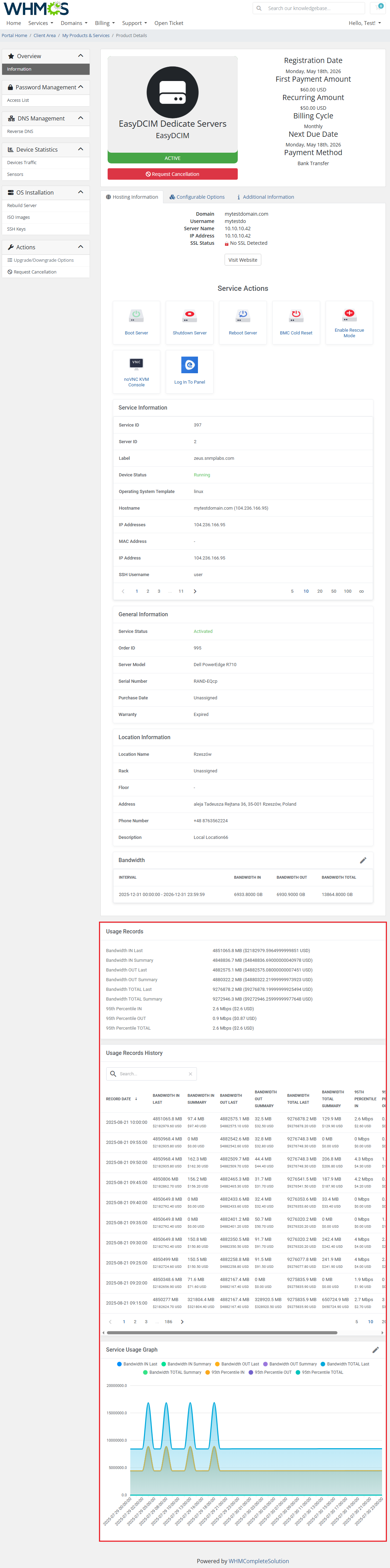 EasyDCIM Dedicated Servers For WHMCS: client area product page with Usage Records, history table and usage graph