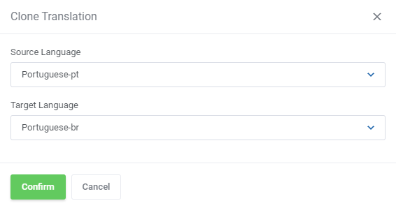 Translations Tool: Clone Translation modal with Source Language and Target Language dropdowns