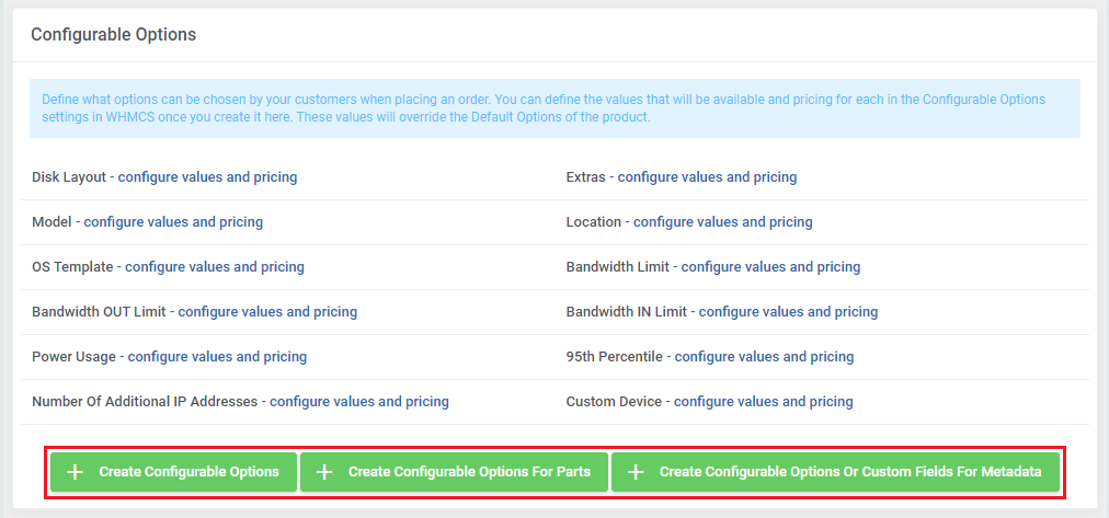 EasyDCIM Dedicated Servers For WHMCS: Configurable Options section with the Create Configurable Options buttons