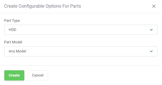 EasyDCIM Dedicated Servers For WHMCS: Create Configurable Options For Parts dialog with part type and model