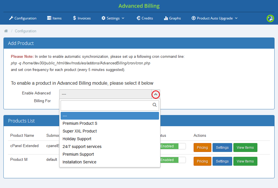Advanced Billing 3.X For WHMCS: Module Configuration page with the Enable Advanced Billing For dropdown listing products