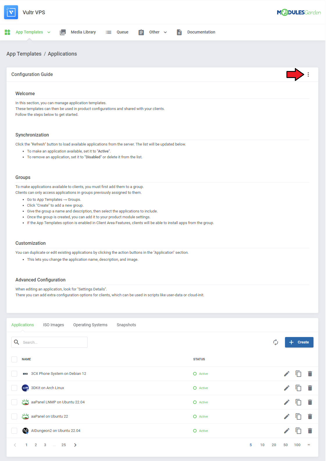 Vultr VPS For WHMCS: Configuration Guide panel in the Vultr VPS Applications page with the Hide menu arrow